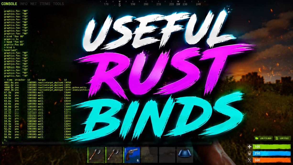 Useful Rust binds and console commands typed into the F1 console, including FOV, hover loot, and combat log binds