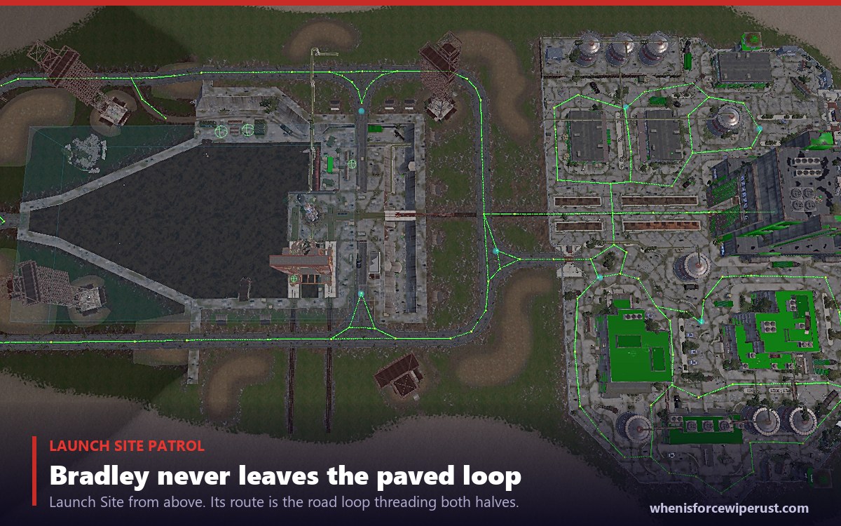 Overhead view of the Launch Site road loop that the Bradley APC patrols in Rust