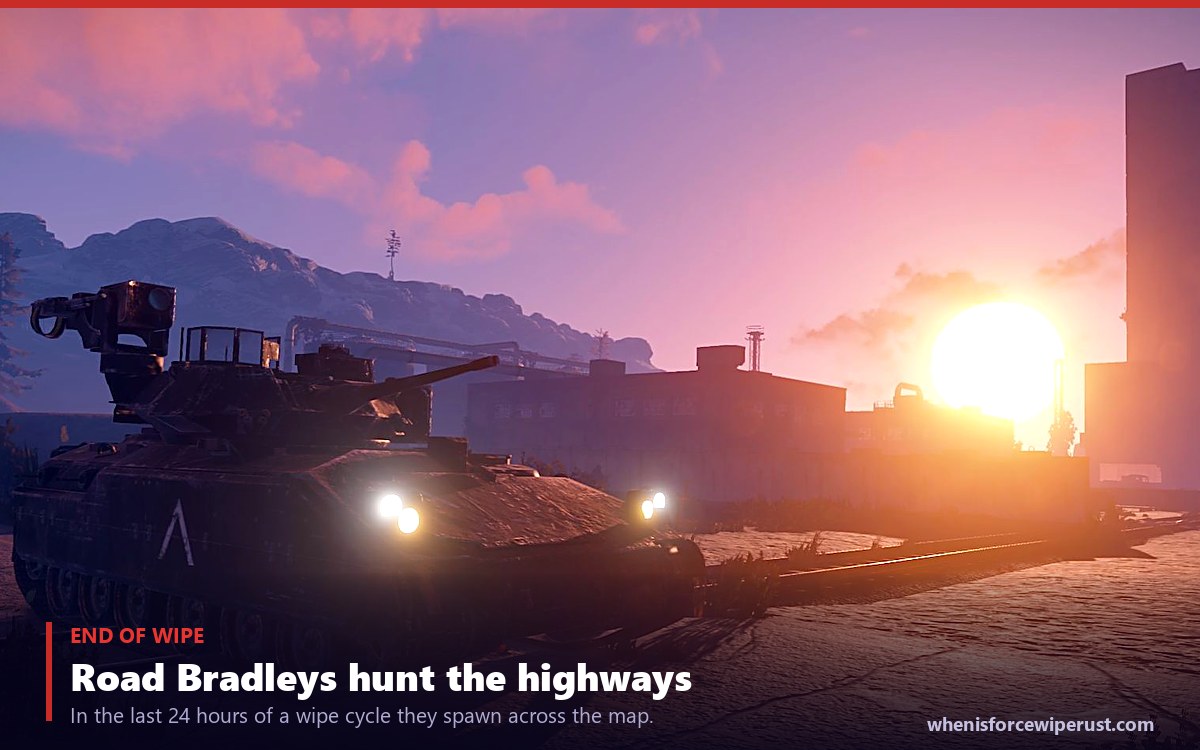 Bradley APC patrolling a road at sunset during the Rust end of wipe event