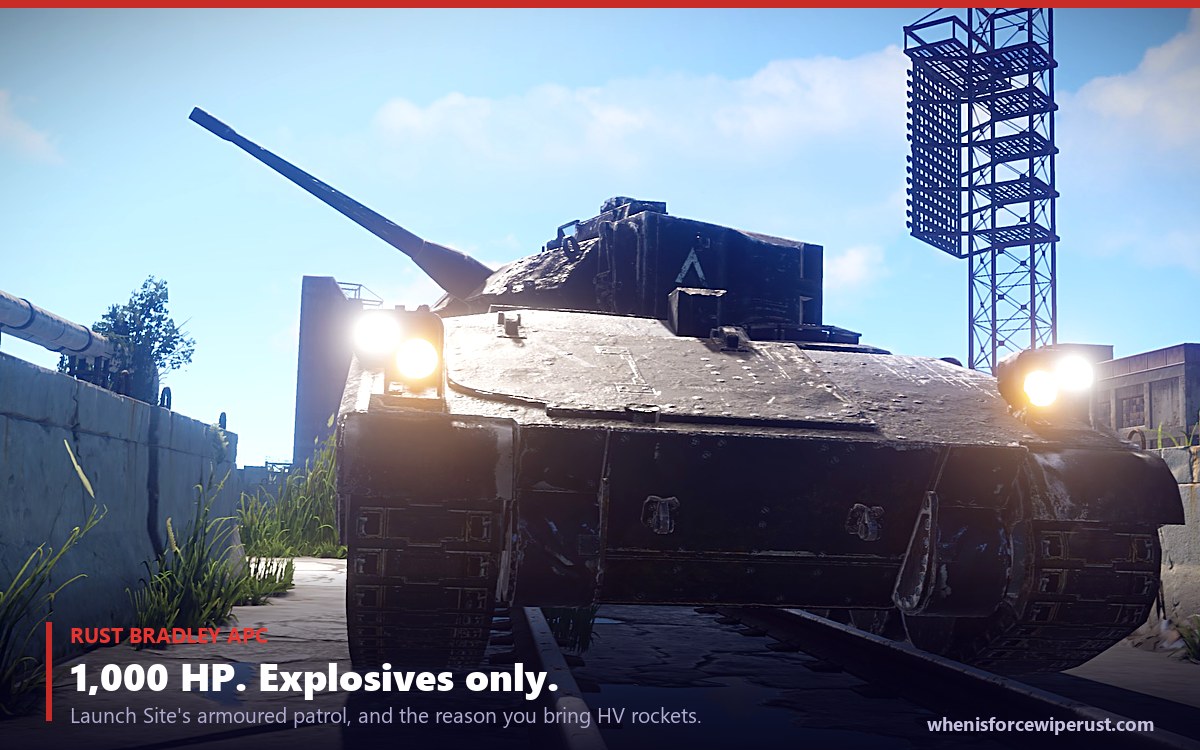 Bradley Rust guide: the Bradley APC patrolling Launch Site with headlights on, seen head on