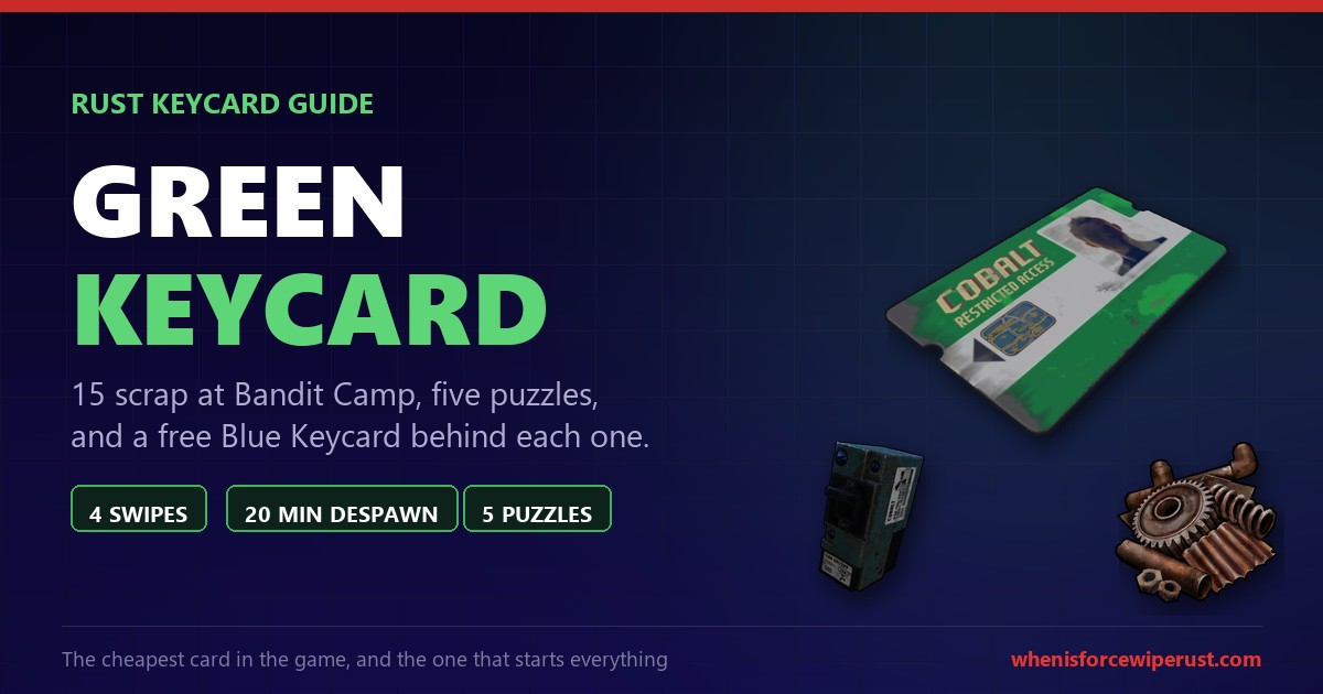 Rust Green Keycard guide 2026 showing the green keycard with an electric fuse and scrap