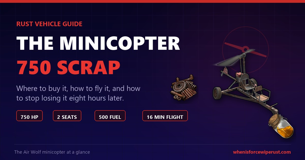 Rust minicopter guide 2026 showing the minicopter with its 750 scrap Air Wolf price, 750 hit points, two seats and 500 low grade fuel capacity