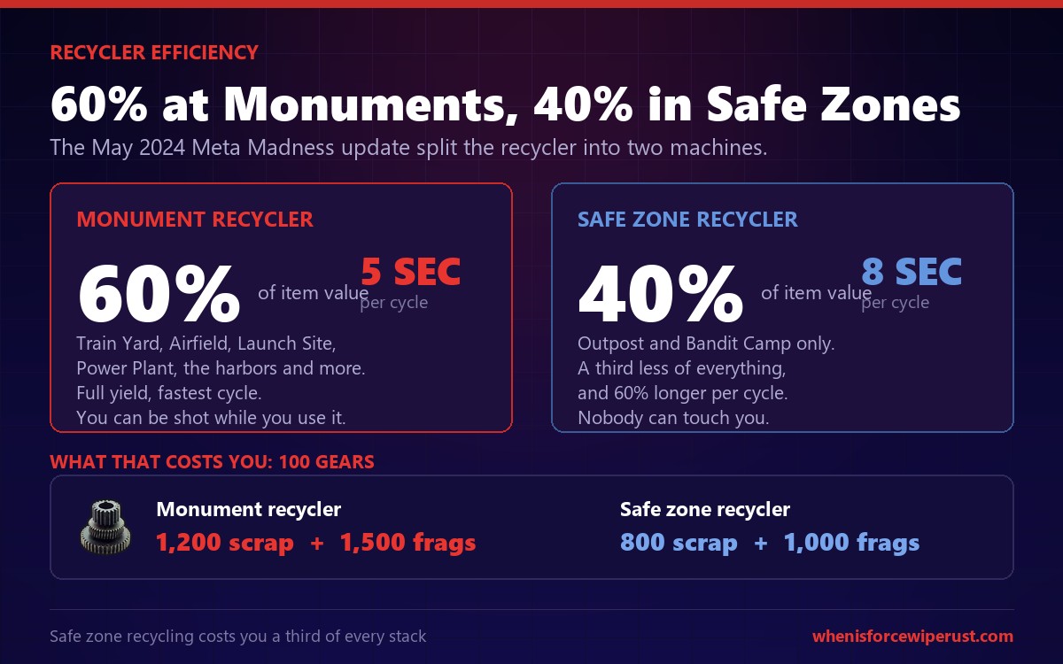 Rust recycler efficiency comparison showing monument recyclers at 60 percent and 5 second cycles against safe zone recyclers at 40 percent and 8 second cycles