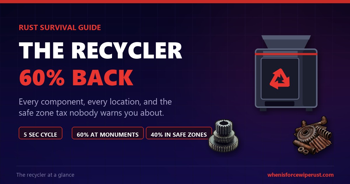 Rust recycler guide 2026 showing a recycler machine with gears and scrap and the 60 percent monument yield against the 40 percent safe zone yield