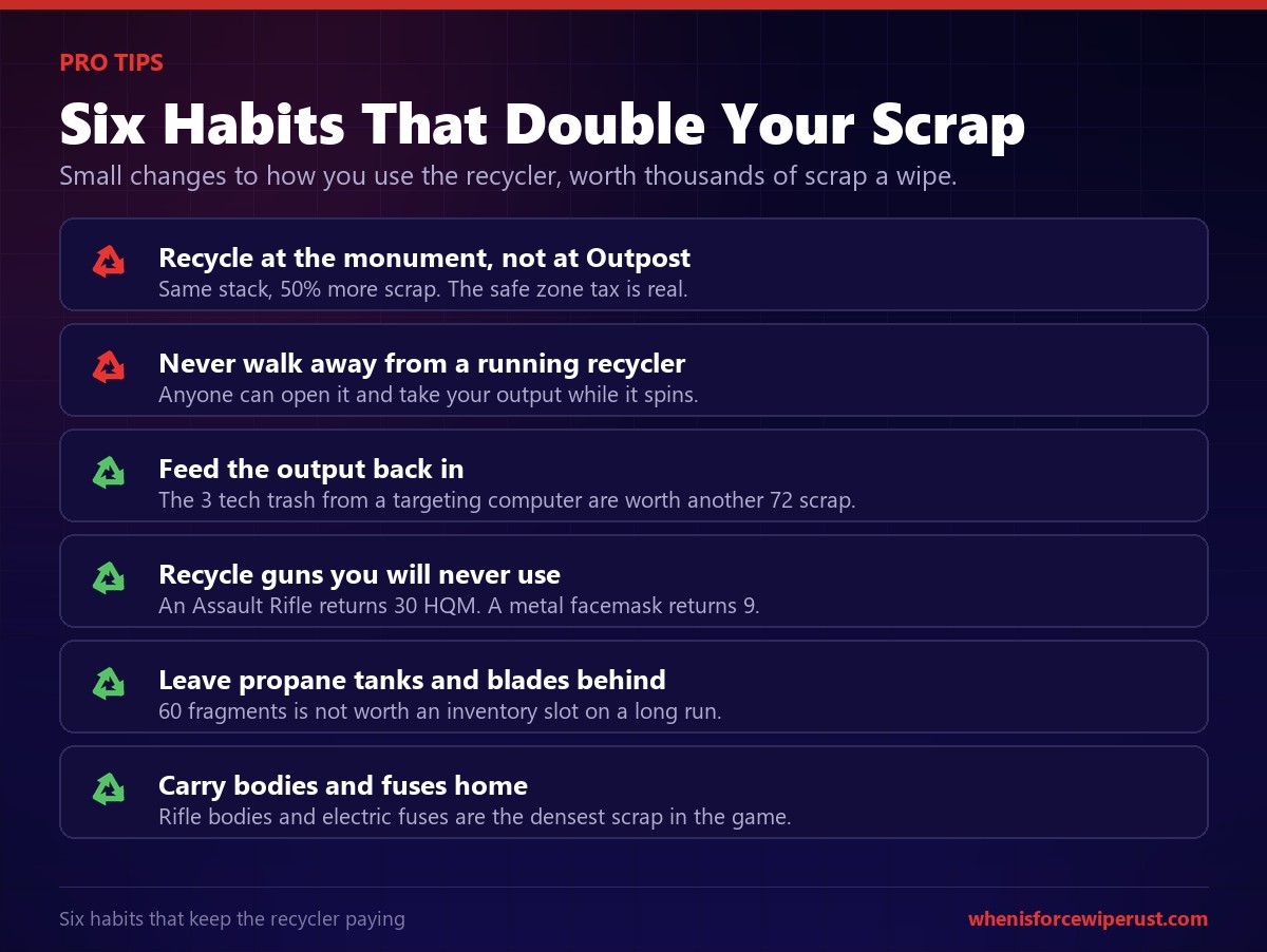 Rust recycler pro tips covering monument versus safe zone yield, guarding a running recycler, re-recycling tech trash and recycling weapons for HQM