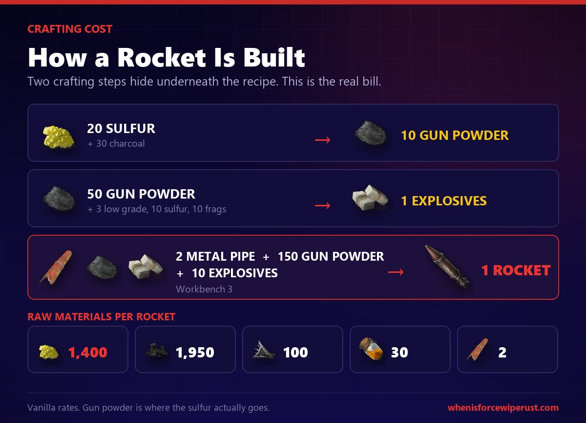 Rust rocket crafting cost chart showing sulfur and charcoal becoming gun powder and explosives for a total of 1400 sulfur per rocket