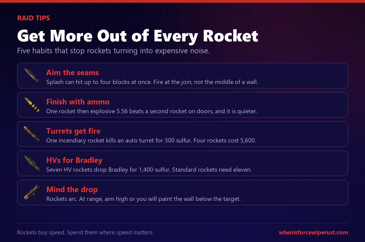 Rust rocket raiding tips covering splash damage aiming, explosive ammo finishing, incendiary rockets for turrets and Bradley