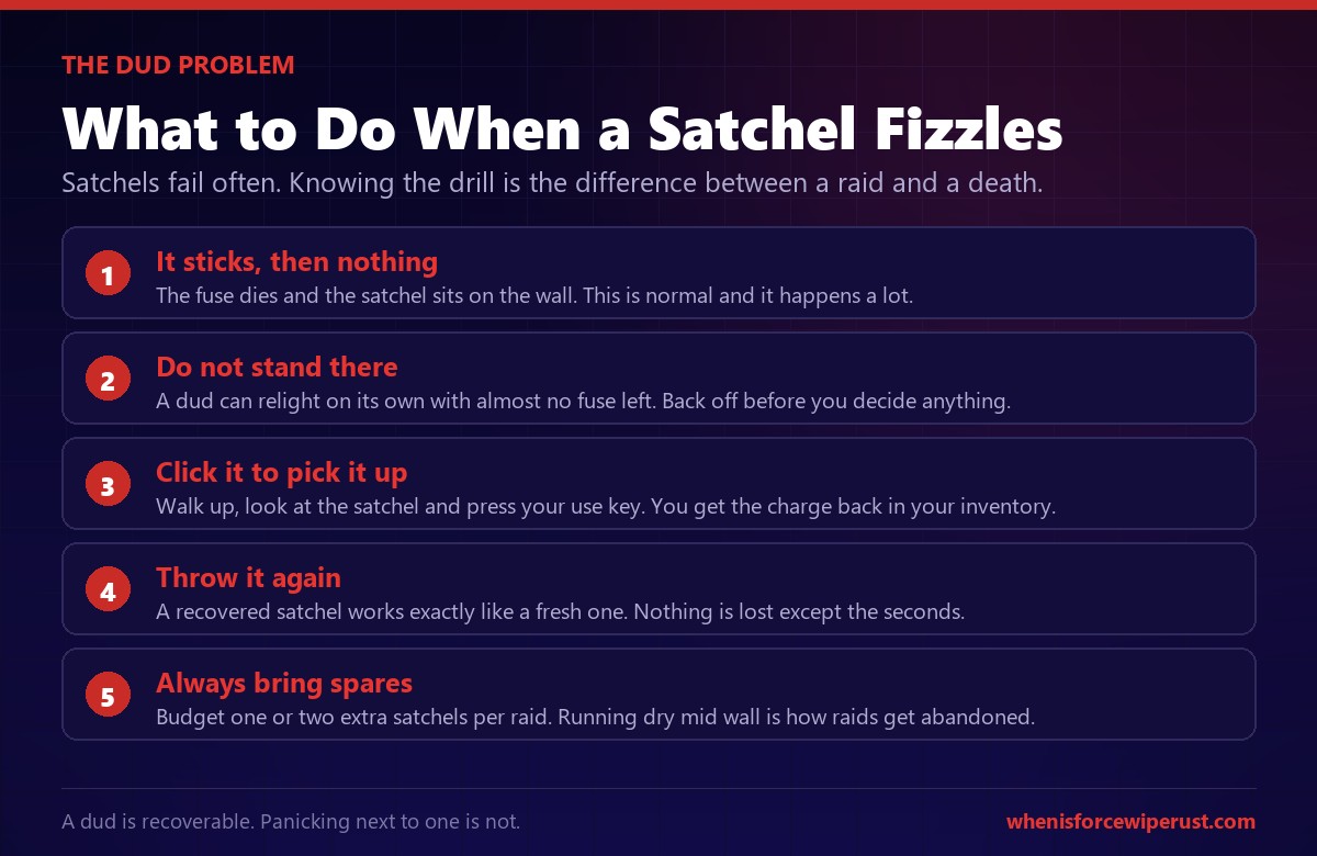 Rust satchel charge dud guide showing the five steps to safely recover and rethrow a satchel that failed to detonate
