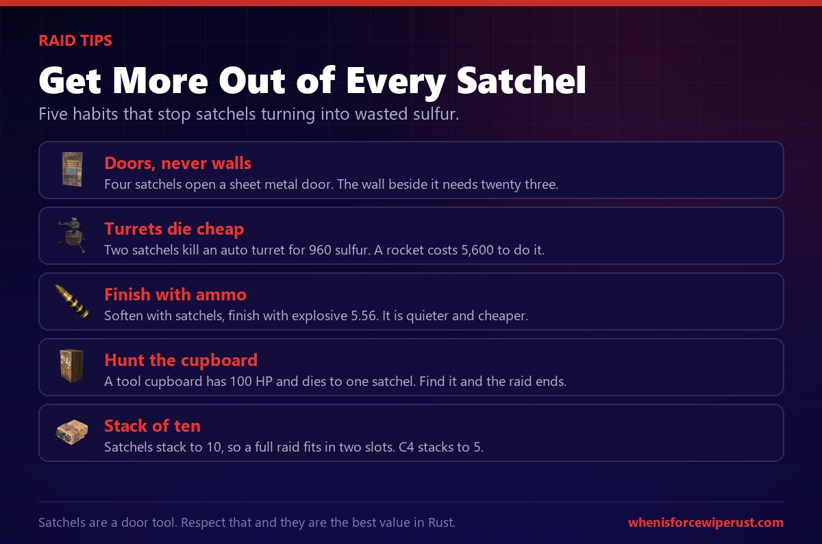 Rust satchel charge raiding tips covering doors over walls, killing auto turrets, finishing with explosive ammo and hunting the tool cupboard