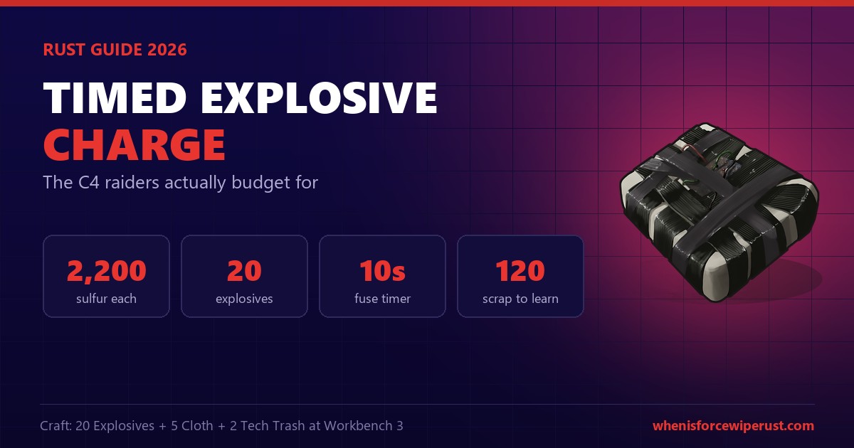 Rust Timed Explosive Charge guide 2026 showing the C4 with its 2200 sulfur cost, 20 explosives recipe and 10 second fuse timer
