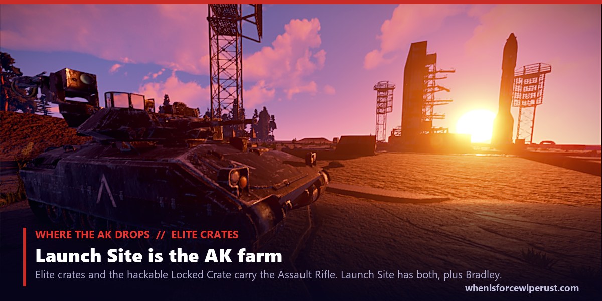 The Launch Site monument in Rust at sunset, an actual in-game screenshot, the best place to loot an Assault Rifle because it holds elite crates, a hackable locked crate and the Bradley APC