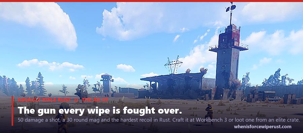 A Launch Site firefight in Rust with players trading shots across the monument, an actual in-game screenshot, the kind of open fight the Assault Rifle AK-47 is built to win