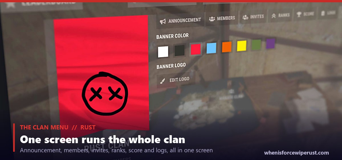 The Rust clan management screen in game, showing the clan banner colour swatches and logo editor, the clan name, a member count out of 100, a points total, and tabs for announcement, members, invites, ranks, score and logs