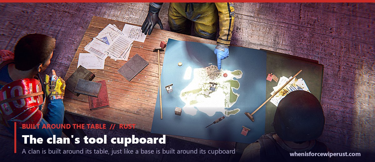 Overhead view of the Rust Clan Table in game, a desk topped with a map of the island and clan markers, with players gathered around it planning, from the Common Ground update