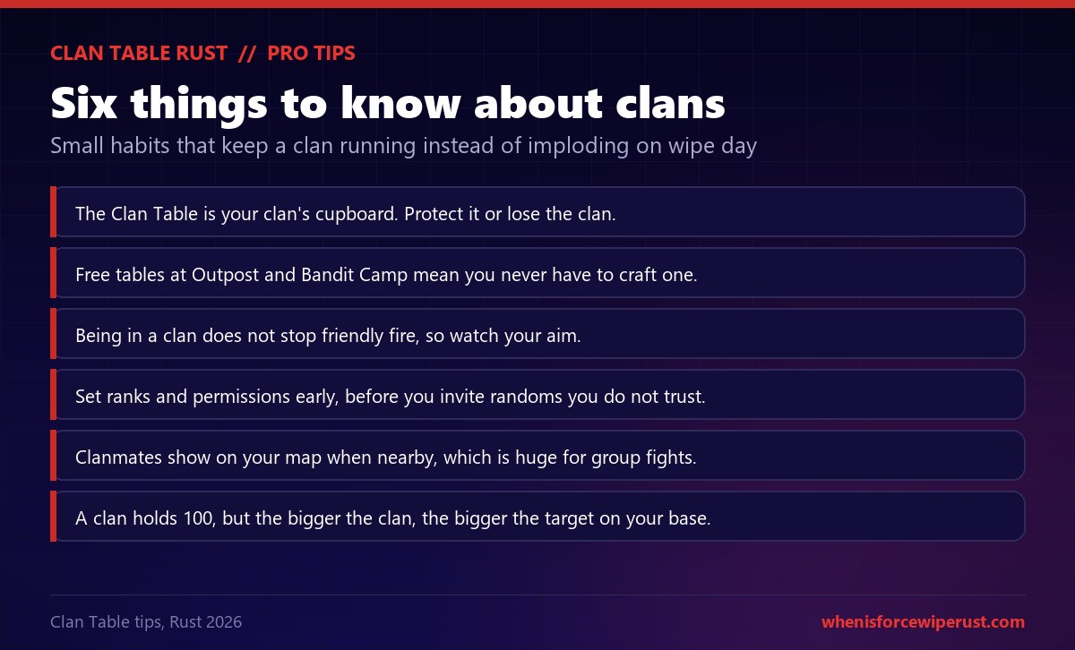 Six Rust Clan Table tips: the Clan Table is your clan's cupboard so protect it, free tables at Outpost and Bandit Camp mean you never have to craft one, being in a clan does not stop friendly fire, set ranks and permissions before inviting randoms, clanmates show on your map when nearby, and a clan holds 100 but a bigger clan is a bigger target