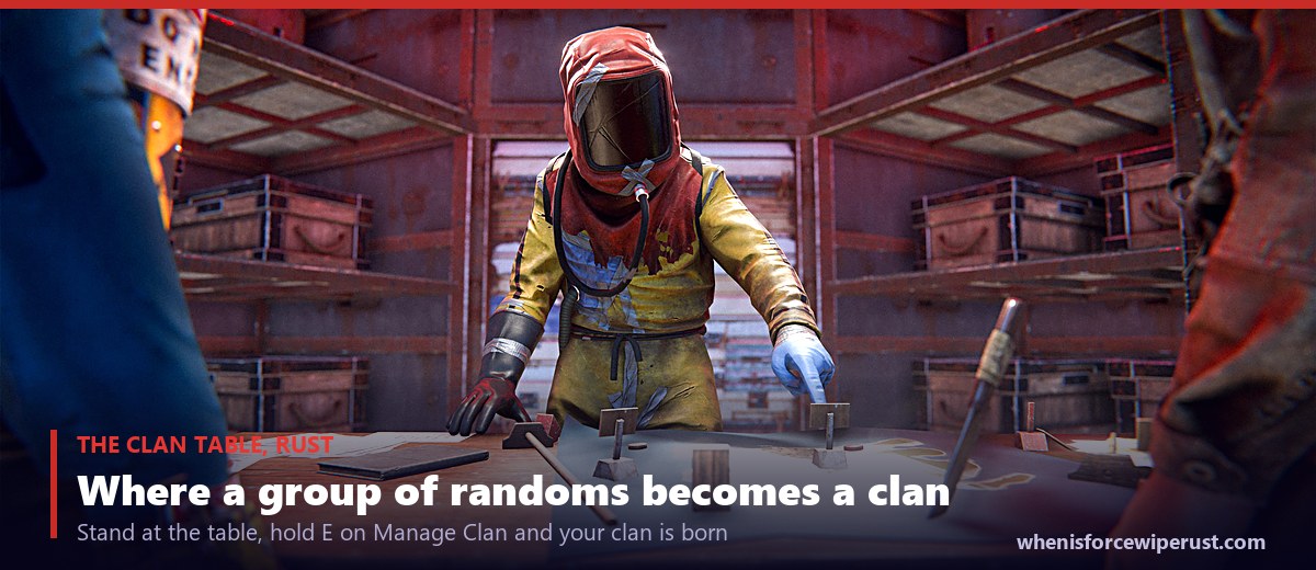 Players gathered around the Clan Table in Rust, a desk topped with a map, using it to create and manage a clan, from the Common Ground update, shown in game