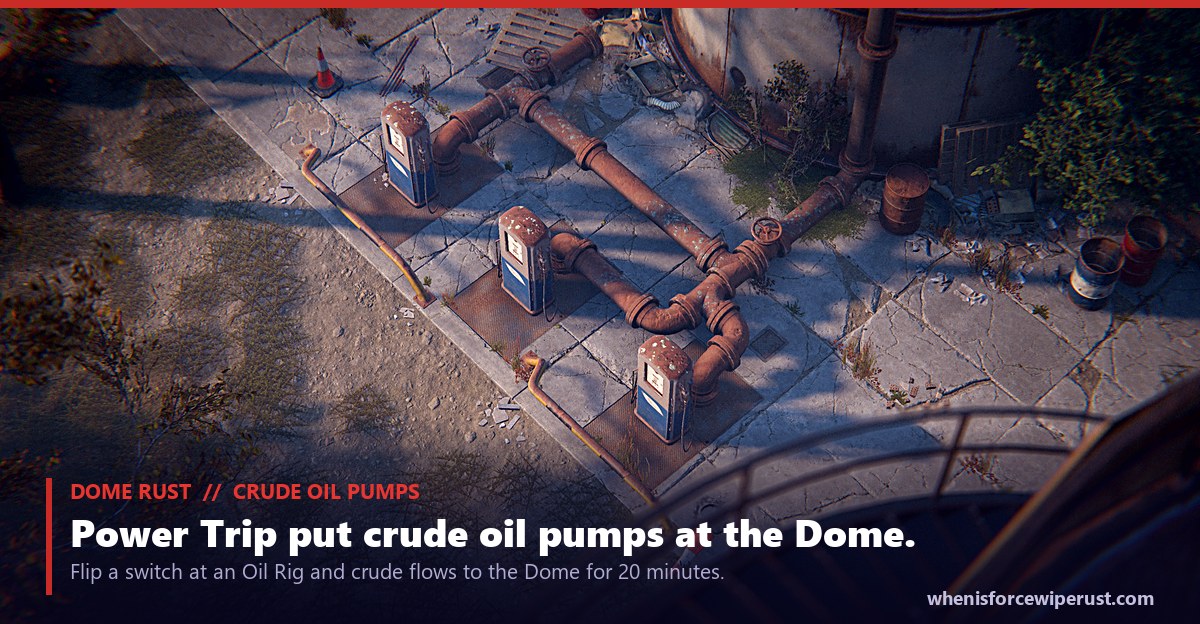 The crude oil pumps added to the Dome in Rust by the Power Trip update, an actual in-game overhead screenshot showing three connected pump jacks on the monument floor that flow crude oil for 20 minutes once activated from an Oil Rig switch