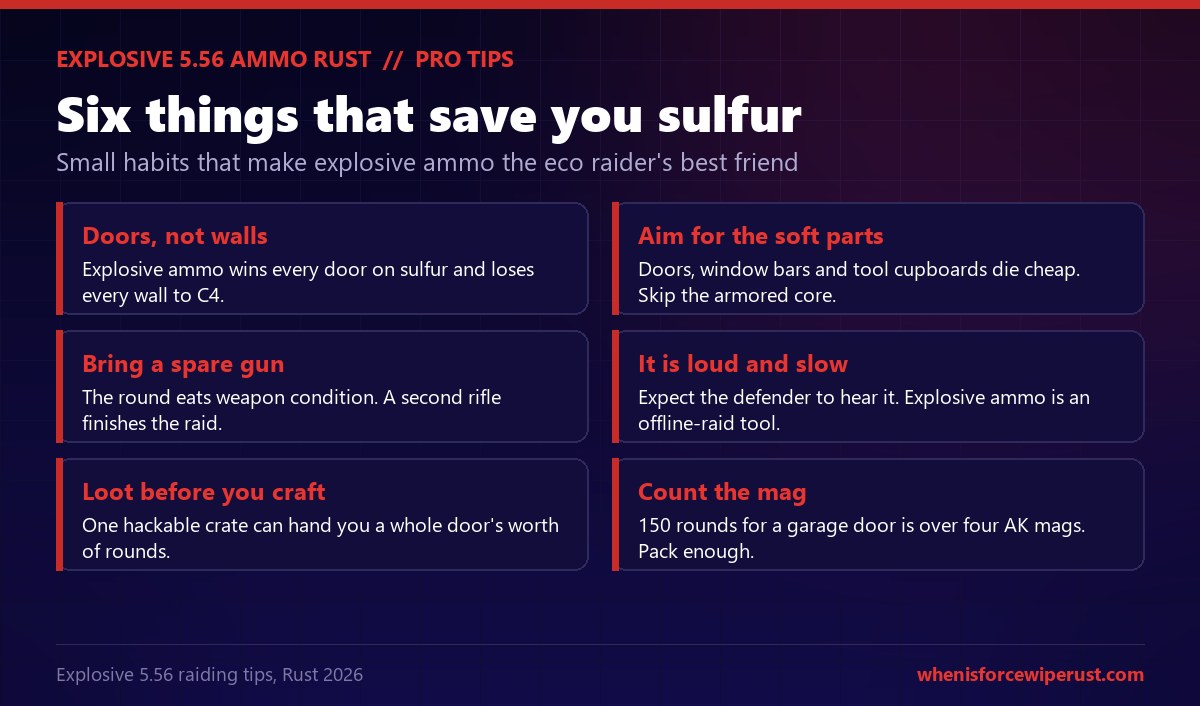 Six pro tips for raiding with explosive 5.56 ammo in Rust: use it on doors not walls, aim for soft parts, bring a spare gun because the round wears weapons fast, expect it to be loud and slow, loot rounds before crafting, and count your magazines because a garage door needs 150 rounds