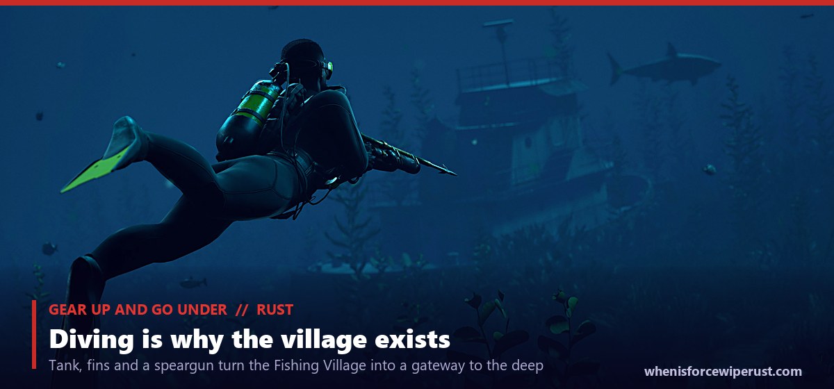 A Rust diver in a wetsuit and diving fins holding a speargun underwater near a wreck, showing how the Fishing Village kits players out with a tank, mask, fins and speargun to explore the underwater labs added in the Going Deep update