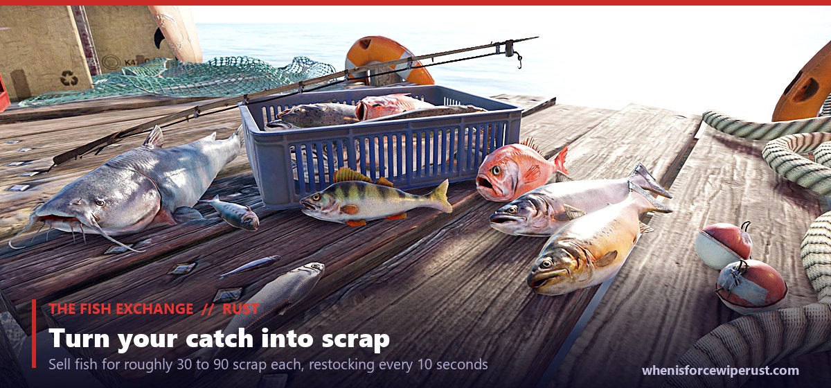 A haul of raw fish on a dock table at the Rust Fishing Village, illustrating the Fish Exchange vendor that buys fish for roughly 30 to 90 scrap each with a 10 second restock, a quiet early-wipe scrap income