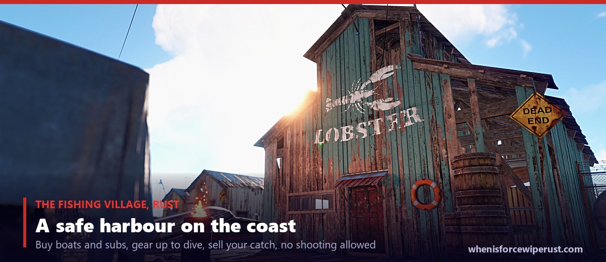 The Rust Fishing Village monument shown in game as a weathered wooden Lobster shack lit at dusk on the shoreline, a coastal safe zone where players buy boats and submarines, buy diving gear, and sell fish at the Fish Exchange with no shooting allowed