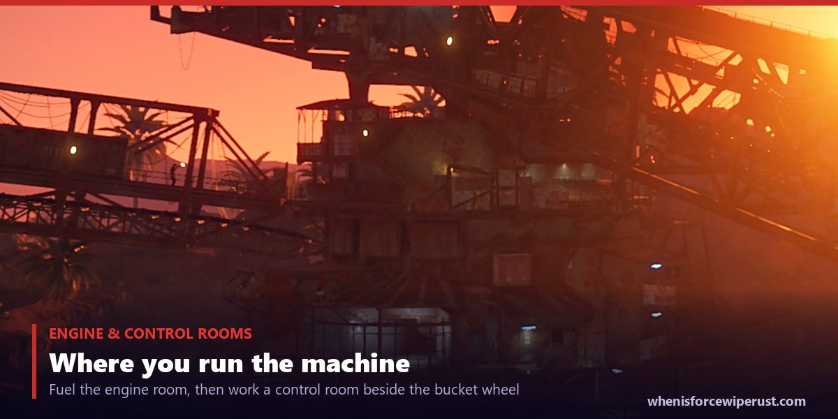 The lit engine room and control room buildings and catwalks of the Giant Excavator monument in Rust, where you add diesel and select a resource to mine
