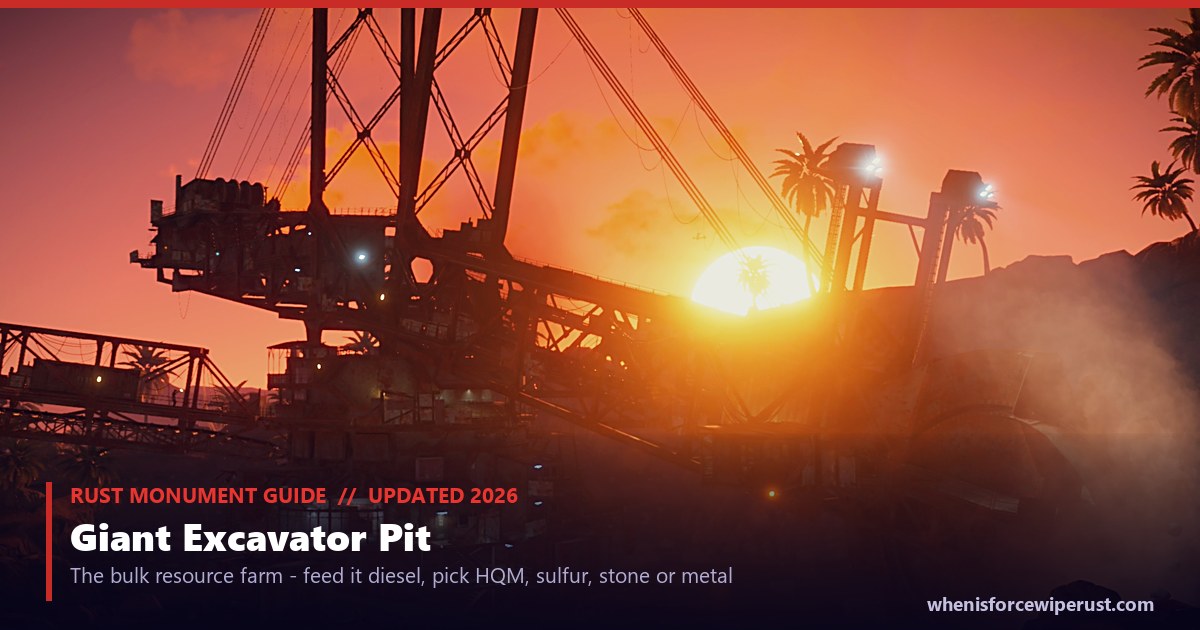 The Giant Excavator Pit monument in Rust at sunset in the desert, the huge diesel powered bucket wheel excavator, lead image for the giant excavator rust guide