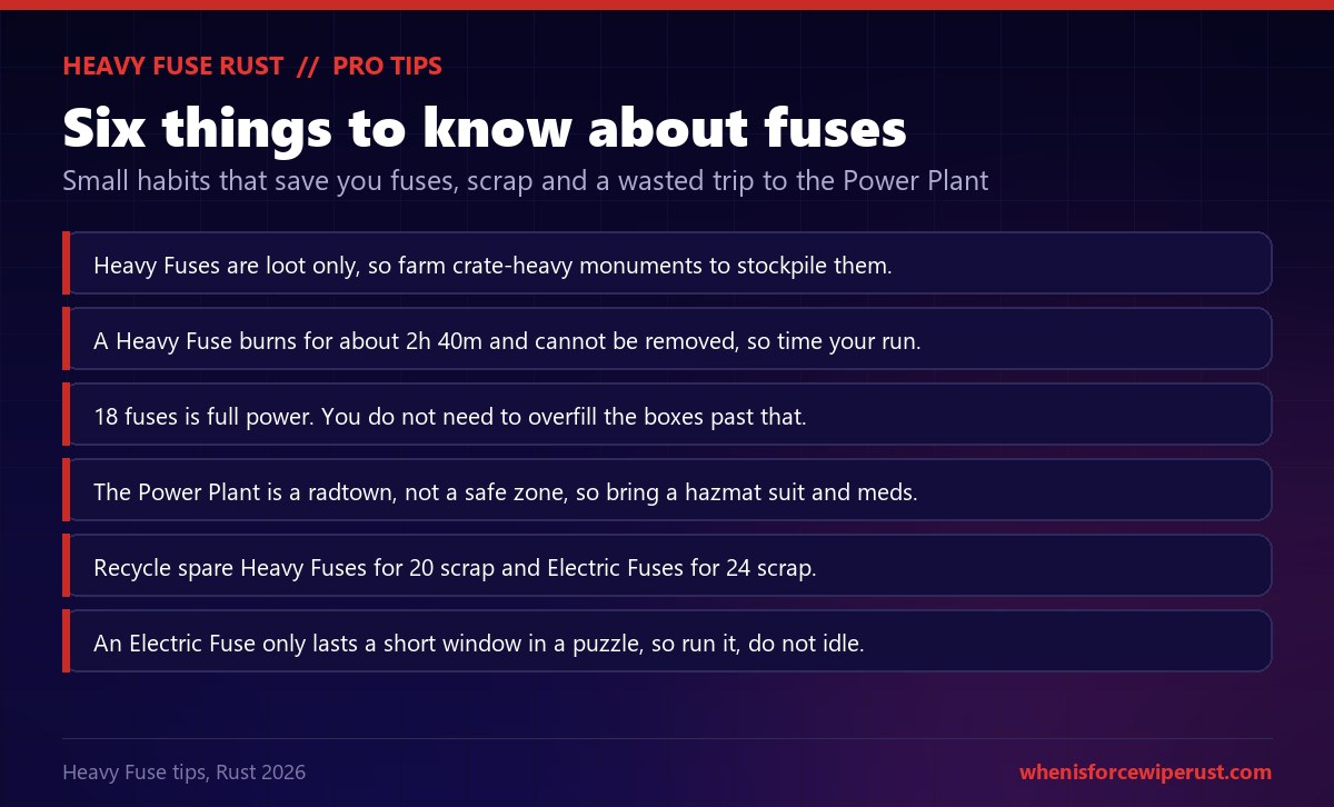 Six Rust Heavy Fuse tips: Heavy Fuses are loot only so farm crate-heavy monuments, a Heavy Fuse burns for about 2 hours 40 minutes and cannot be removed so time your run, 18 fuses is full power so do not overfill, the Power Plant is a radtown not a safe zone so bring a hazmat suit and meds, recycle spare Heavy Fuses for 20 scrap and Electric Fuses for 24 scrap, and an Electric Fuse only lasts a short window in a puzzle so do not idle