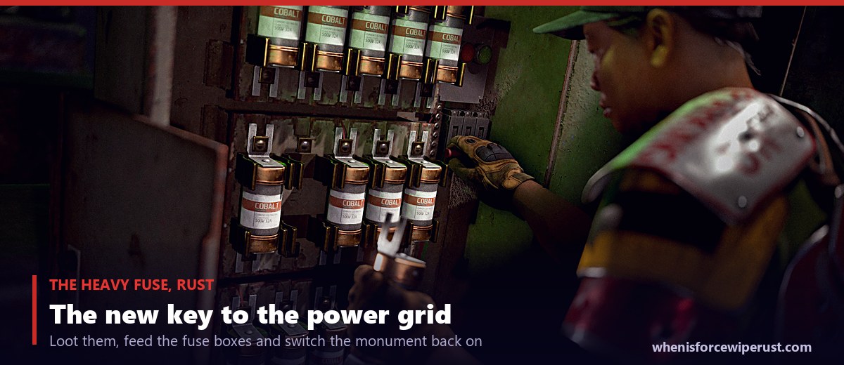 A player inserting Heavy Fuses into the special fuse boxes at the Rust Power Plant, the loot-only Power Trip item that powers the player-maintained power grid, shown in game