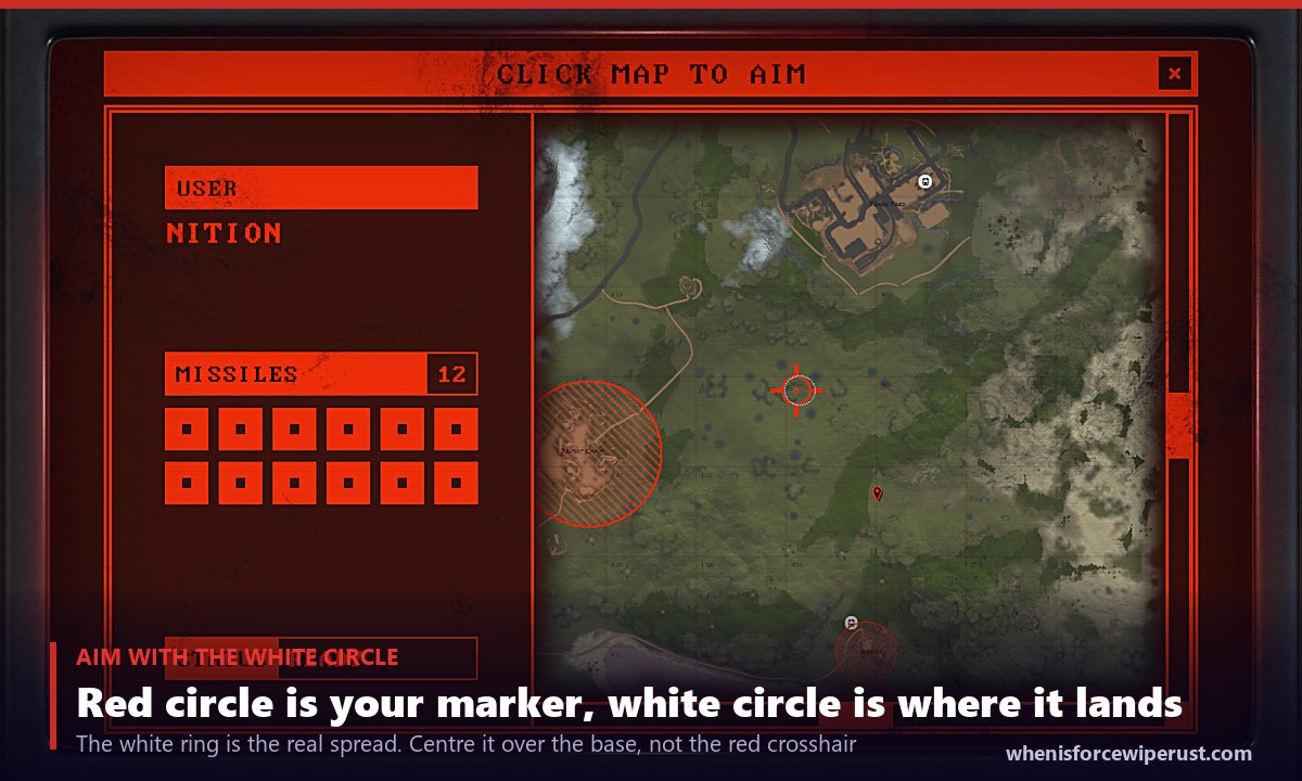 How to aim the MLRS in Rust: the targeting map with a red target marker and a white impact circle