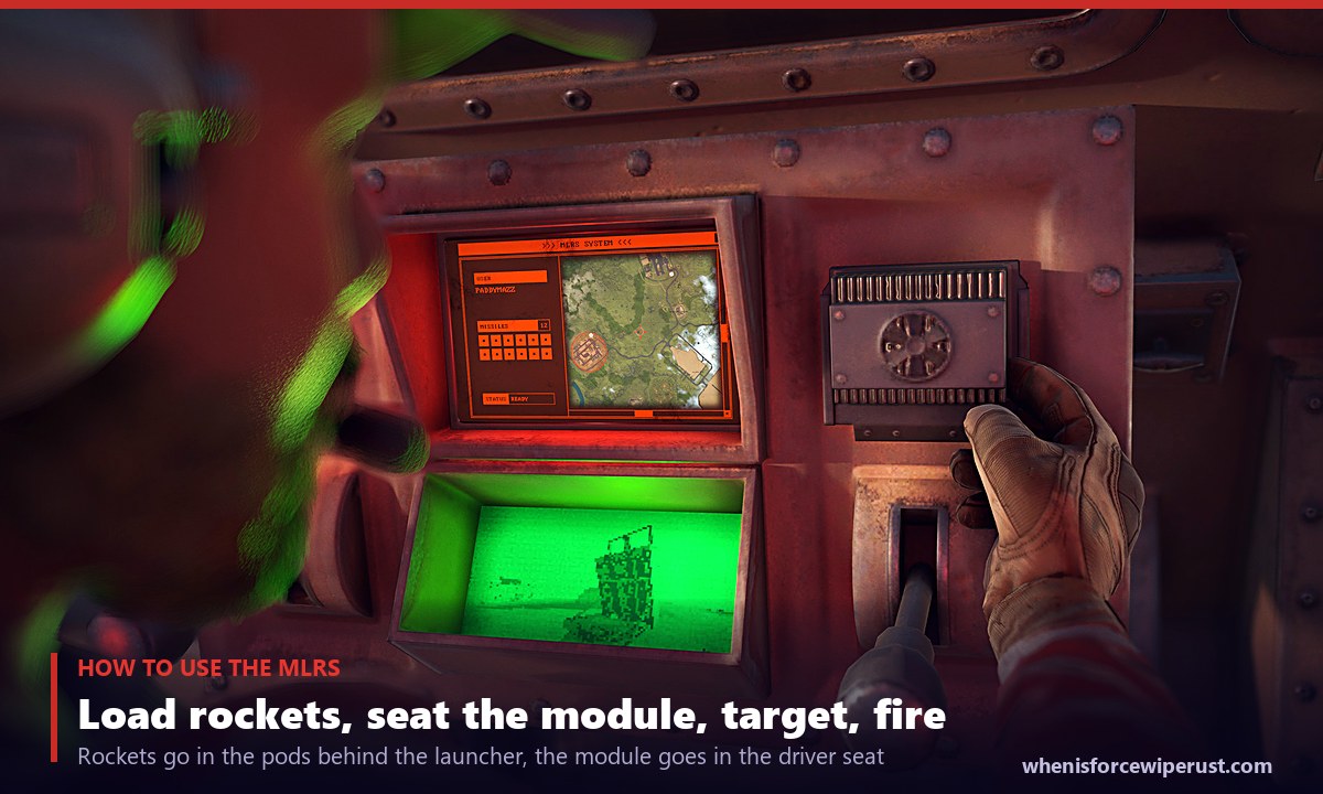 How to use the MLRS in Rust: a player operating the launcher targeting screens from the driver seat