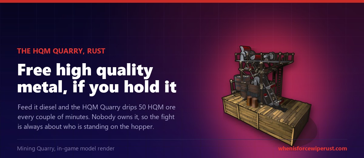 The Rust HQM Quarry shown as the in-game Mining Quarry model render on a dark navy background, with the headline free high quality metal if you hold it and a note that the quarry drips 50 HQM ore every couple of minutes on diesel and that nobody owns it so the fight is over who stands on the hopper