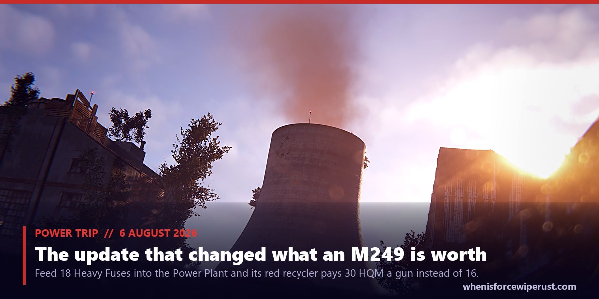 The Rust Power Plant cooling towers at sunset after the August 2026 Power Trip update, an actual in-game screenshot, the monument whose heavy fuse power grid now decides how much high quality metal an M249 recycles into