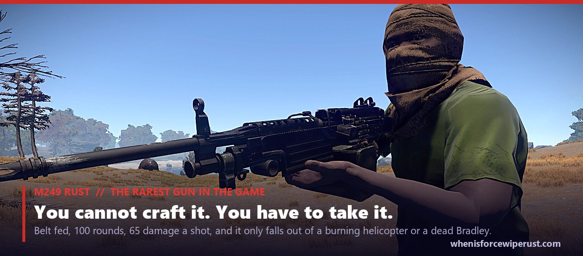 A player holding the M249 light machine gun in Rust, an actual in-game screenshot showing the belt fed LMG held at the hip with the long barrel and ammo box clearly visible