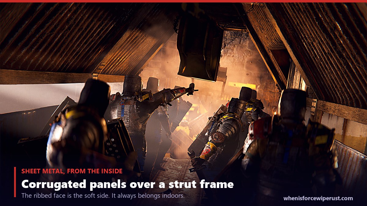 Rust sheet metal wall panels seen from inside a base during a raid