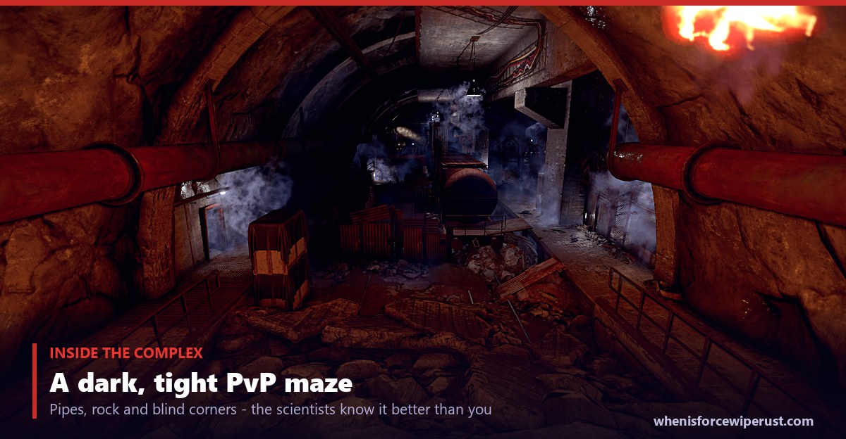 Inside Military Tunnels in Rust: a dark pipe-lined underground tunnel, the tight close-quarters layout that makes the monument a deadly PvP and PvE fight
