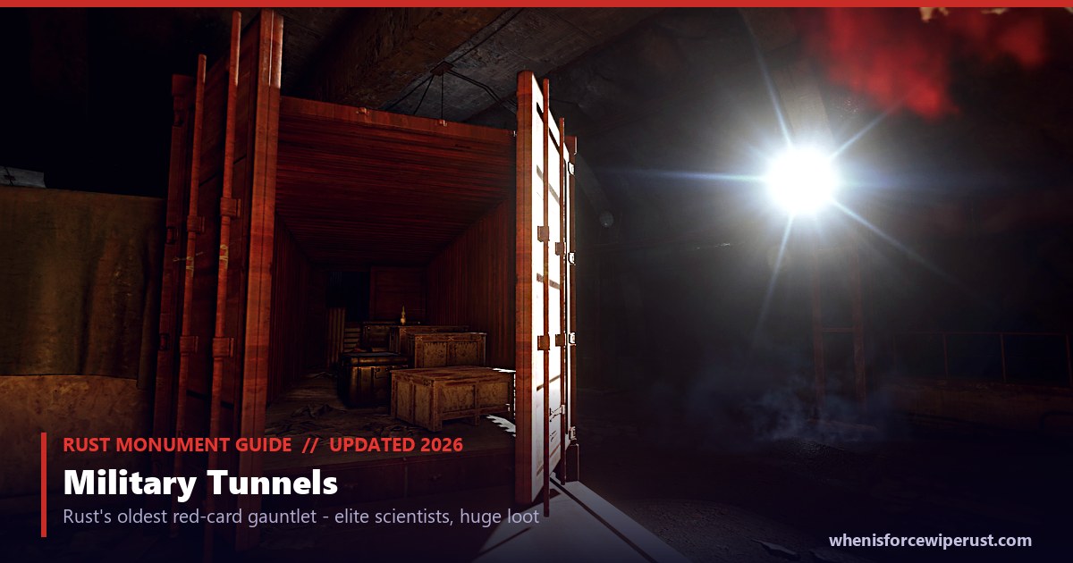 Military Tunnels monument in Rust: the open blast-gate entrance seen in-game, the lead image for the military tunnels guide