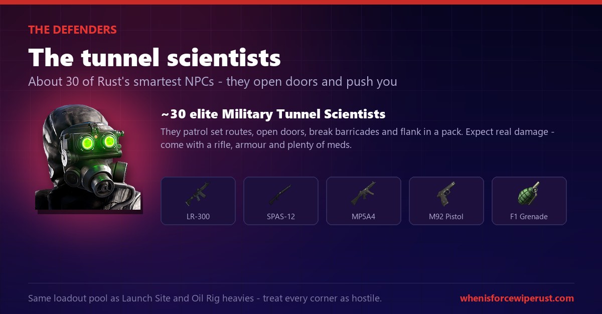 Military Tunnels scientists in Rust: about 30 elite tunnel scientists armed with the LR-300, SPAS-12, MP5A4, M92 pistol and F1 grenades who open doors and patrol the complex