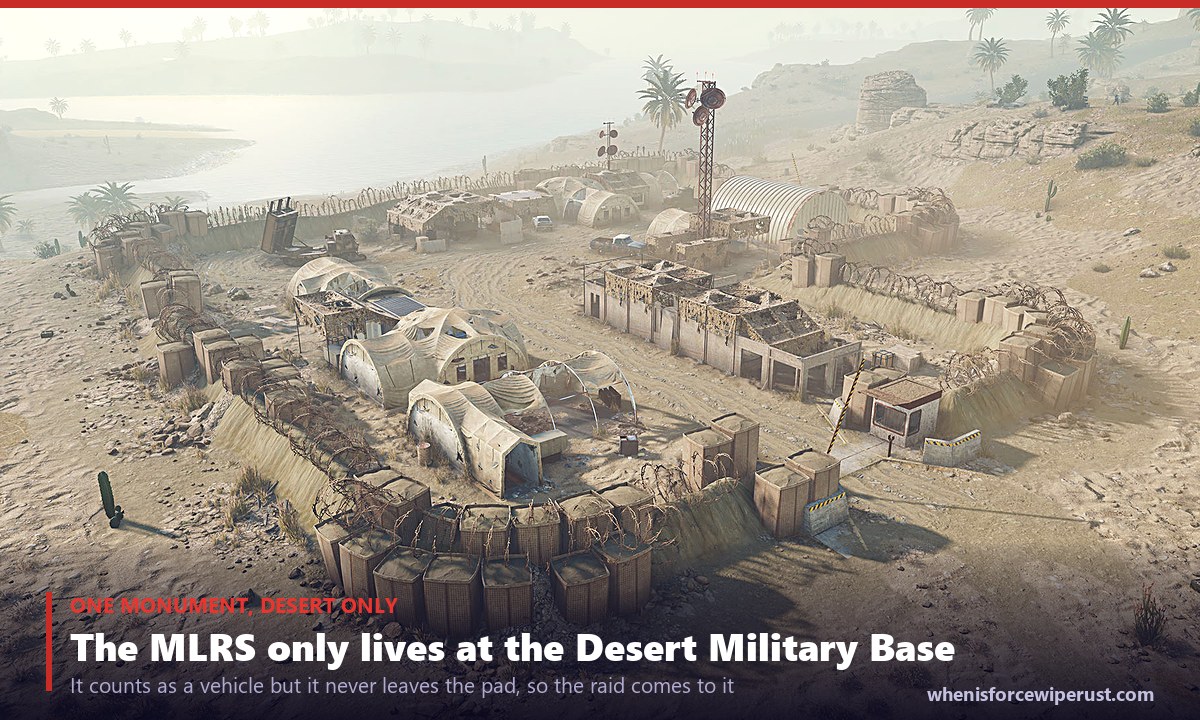 MLRS Rust location: an aerial view of the Desert Military Base monument where the launcher spawns
