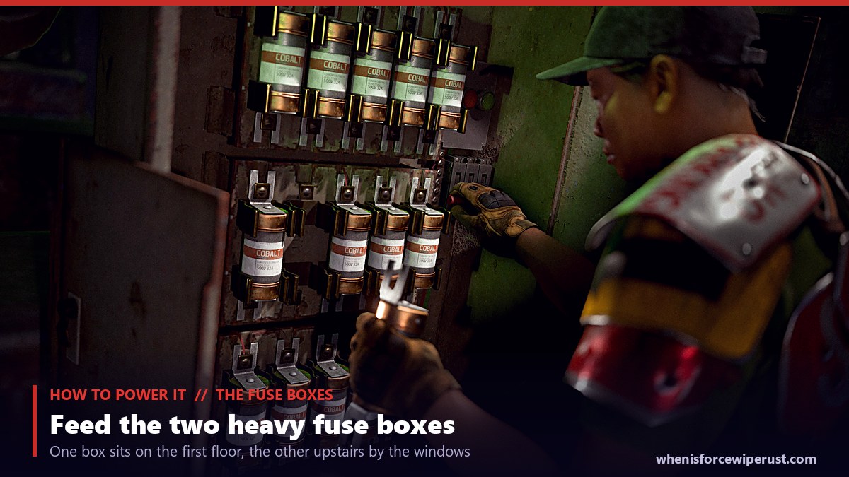 A Rust player inserting heavy fuses into one of the two new heavy fuse boxes inside the Power Plant main building, the panel filling with lit fuses