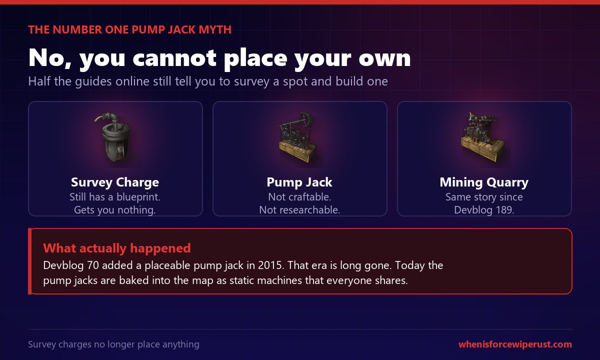 Rust graphic explaining you cannot craft a pump jack, showing the survey charge, pump jack and mining quarry item renders each marked as not craftable, with a note that Devblog 70 added a placeable pump jack in 2015 but they are now static machines baked into the map that every player shares