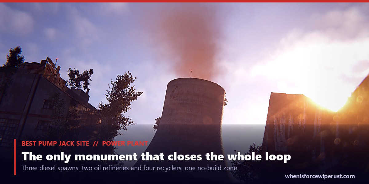The Rust Power Plant cooling towers glowing against a sunset, an actual in-game screenshot of the monument that holds the best pump jack in Rust because it also has three diesel spawns, two oil refineries and four recyclers on site