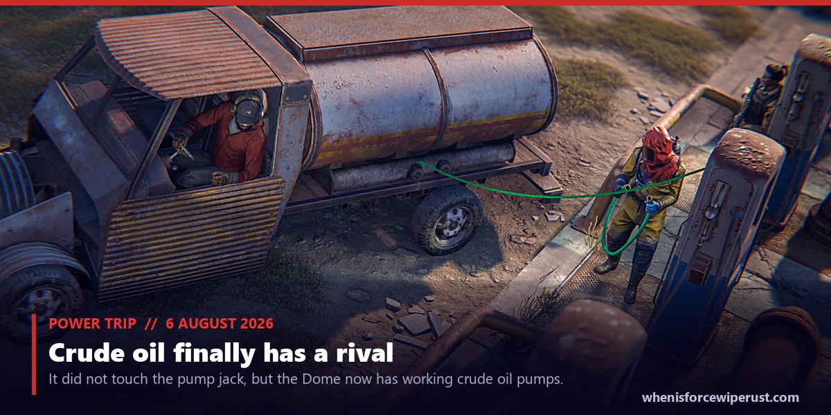 Actual in-game screenshot from the Rust Power Trip update showing a player driving a tanker truck module up to the new crude oil pumps at the Dome and filling it with a green hose, the new rival crude oil source to the pump jack