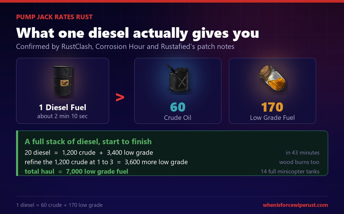 Rust pump jack rates diagram showing one diesel fuel produces 60 crude oil and 170 low grade fuel in about 2 minutes 10 seconds, and that a full stack of 20 diesel yields 1,200 crude plus 3,400 low grade in 43 minutes, which refines up to a total haul of 7,000 low grade fuel