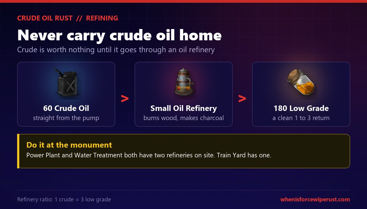 Diagram showing how to refine crude oil in Rust, with 60 crude oil from the pump jack going into a small oil refinery which burns wood and makes charcoal, and coming out as 180 low grade fuel at a 1 to 3 return, plus a note that Power Plant and Water Treatment both have two refineries on site