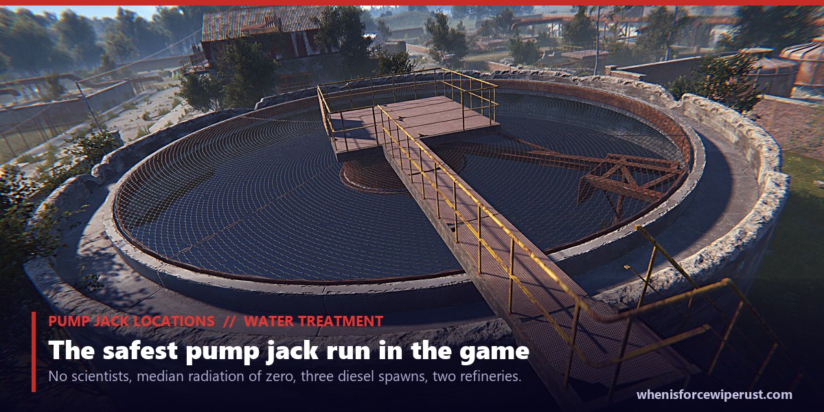Aerial in-game screenshot of the Rust Water Treatment Plant settling tank, one of the three monuments with a pump jack, a quiet site with no scientists, median radiation of zero, three diesel spawns and two oil refineries