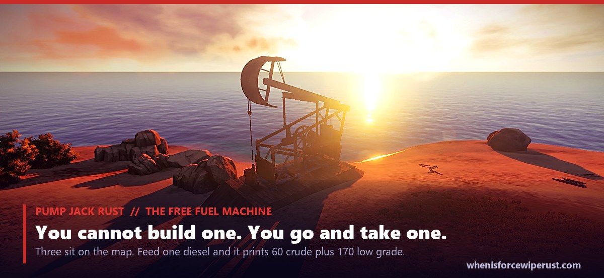 A Rust pump jack silhouetted against an orange sunset over water, an actual in-game screenshot showing the counterweight arm and walking beam of the oil pump jack on a rocky shoreline