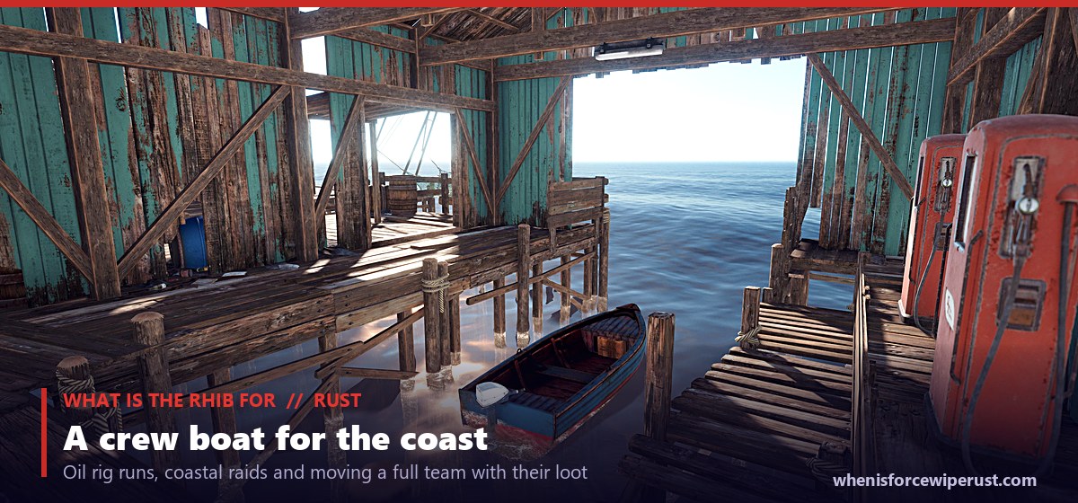 An in-game boathouse at the Rust coast with a boat moored inside, illustrating what the RHIB is for: crewed oil rig runs, coastal raids and moving a full team and their loot along the shoreline