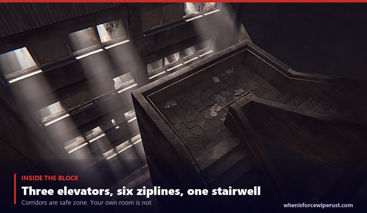 A stairwell inside the Rust Apartment Complex monument showing the safe zone corridors between rented rooms