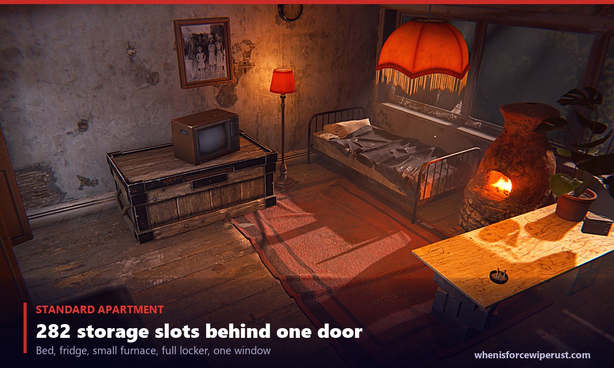 Inside a standard Rust apartment room with a bed, storage, furnace and fridge at the Apartment Complex monument